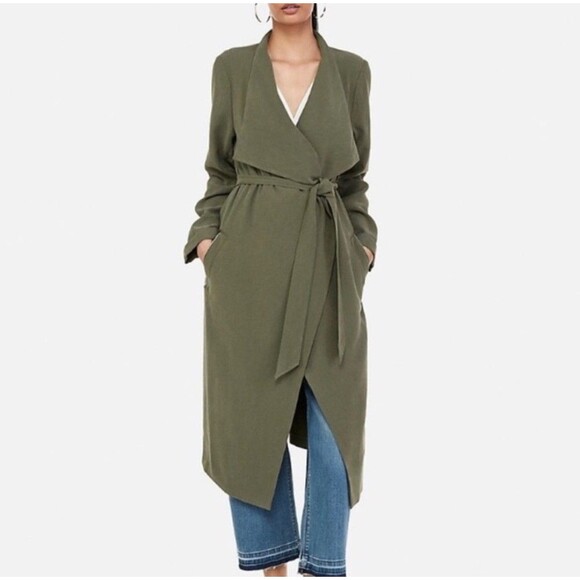 Express Duster Coat Olive Green Womens L Trench Belted Slouchy Grunge Lagenlook - Picture 1 of 7